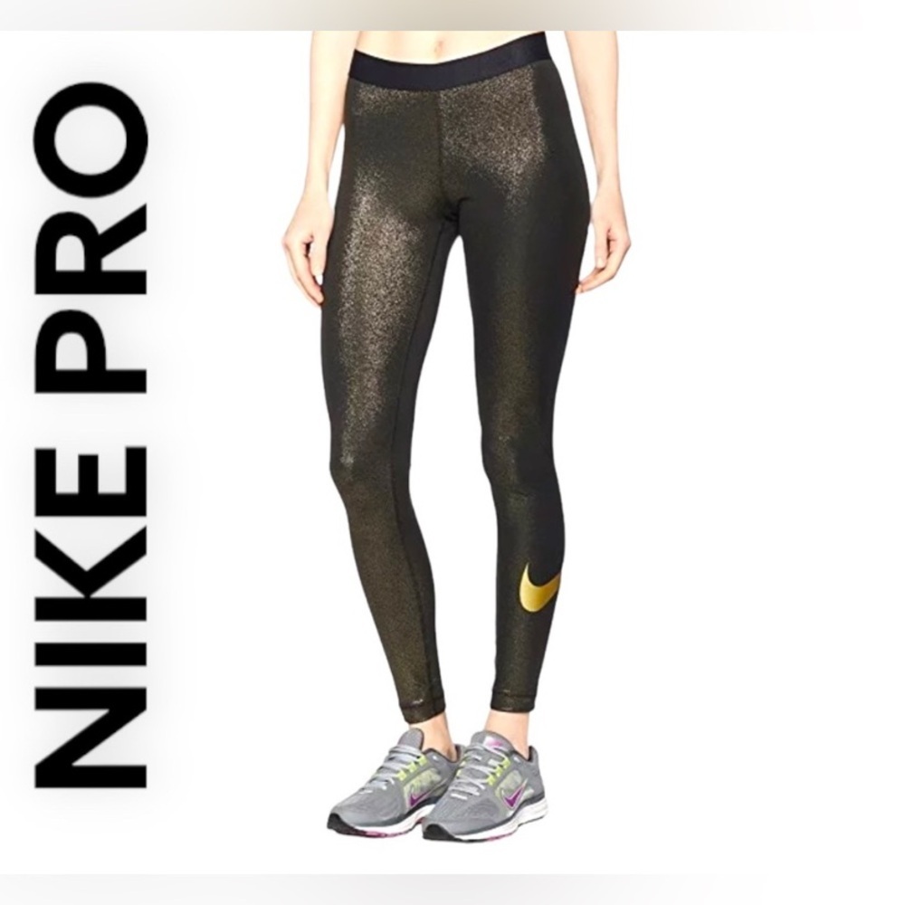 Nike Pro Dri Fit‎ Sparkle Metallic Leggings Workout Black & Gold Size XS